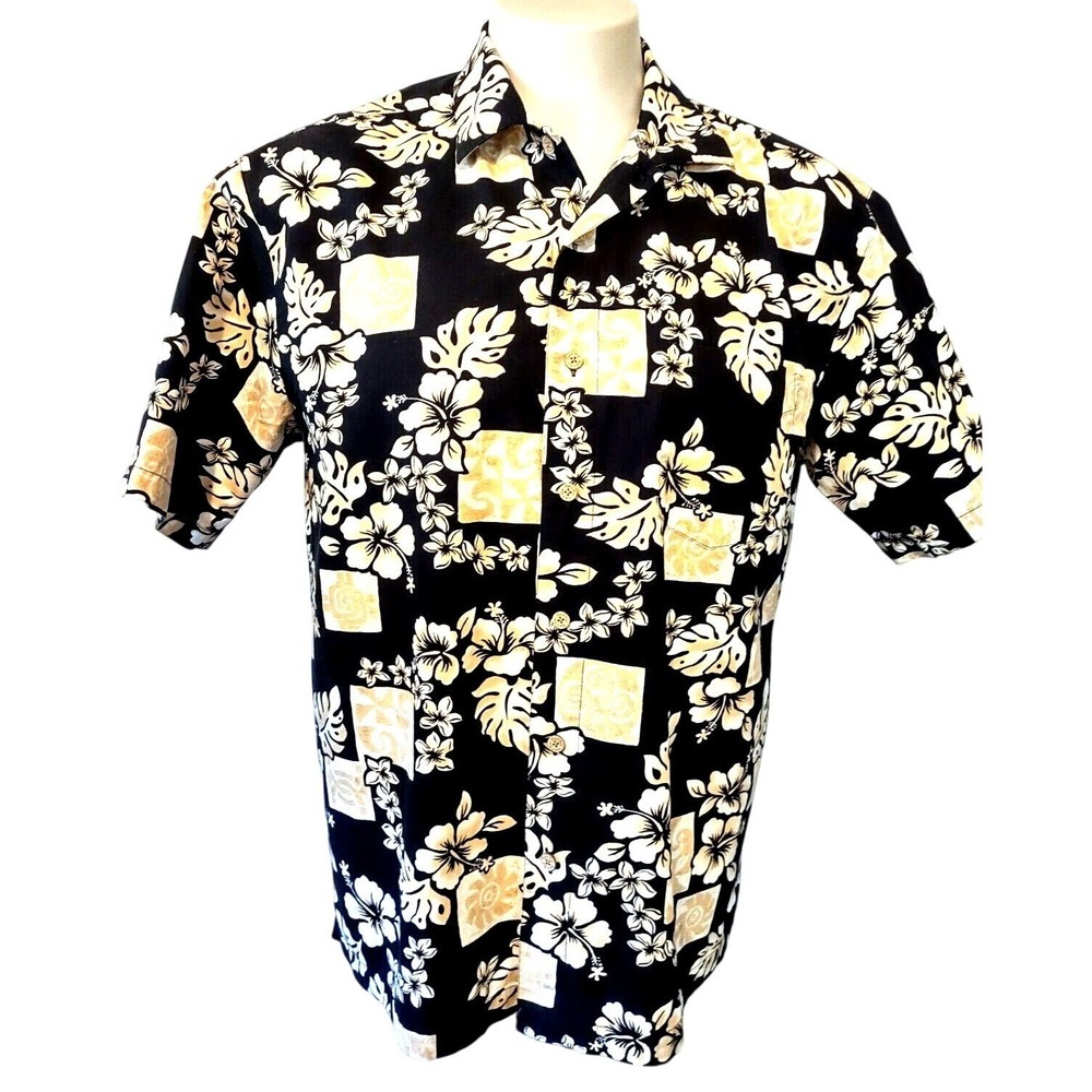 Batik Bay Shirt Men's L Hawaiian Tropical Floral Black Cream Y2K Boho Retro Bold